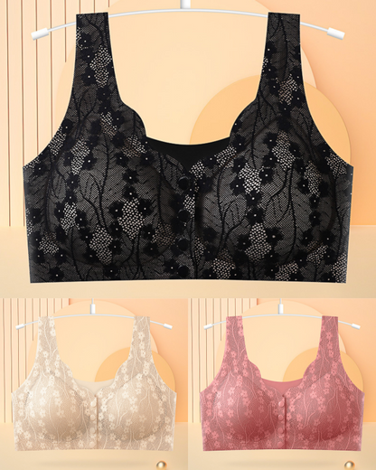 😍【3 sztuk】【40-100KG】Damski, bezprzewodowy, koronkowy biustonosz zapinany z przodu,Ostatni dzień - 49% zniżki