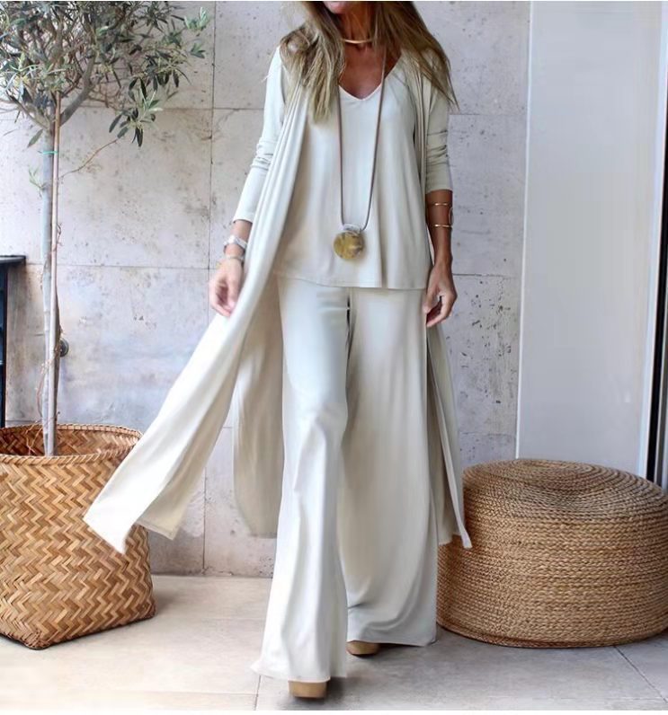 💌【S-4XL】Nuevo conjunto holgado de tres piezas de moda primaveral: pantalón recto con cuello en V + cárdigan largo