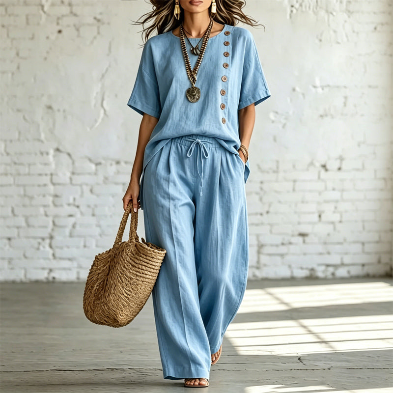 🎨 【Set din tricou + pantaloni largi 】ținută casual modernă din bumbac și in, confortabilă și respirabilă