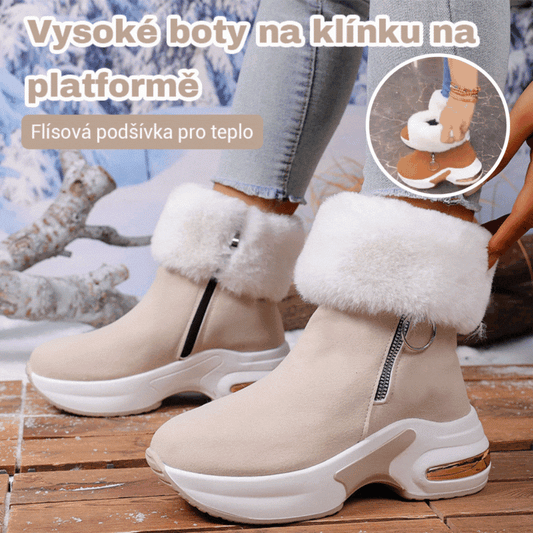 👢【36-43】Zimné teplé snehové čižmy s flísovou podšívkou a hrubou podrážkou na klinovom podpätku