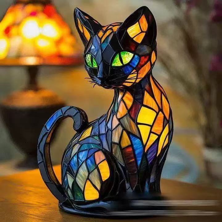 🐕🐱Kreatywna lampka stołowa w kształcie kota i psa, retro lampka nocna z delikatnym światłem, wykonana z kolorowej żywicy