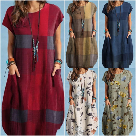 🏆【S-5XL】👗Bawełniana sukienka z okrągłym dekoltem i nadrukiem