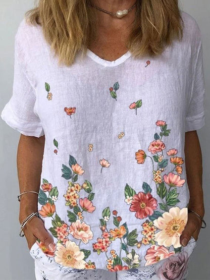 👕【S-5XL】🌈Tričko s krátkym rukávom a kvetinovou potlačou z bavlny a ľanu 