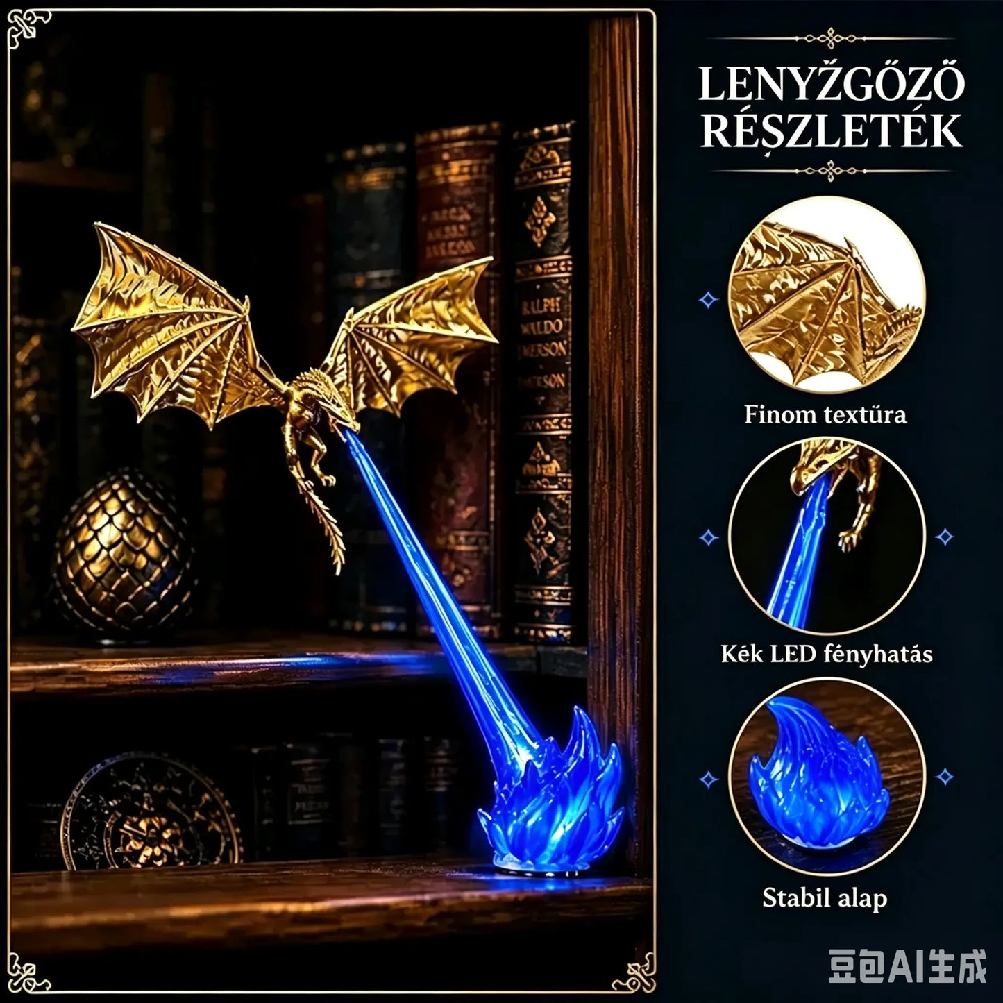 🐉🔥 3D tűzokádó sárkány LED fény | Fantázia világító könyvespolc dekoráció