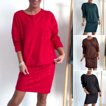 【S-3XL】Stylowa sukienka z okrągłym dekoltem, ozdobiona delikatnymi cekinami