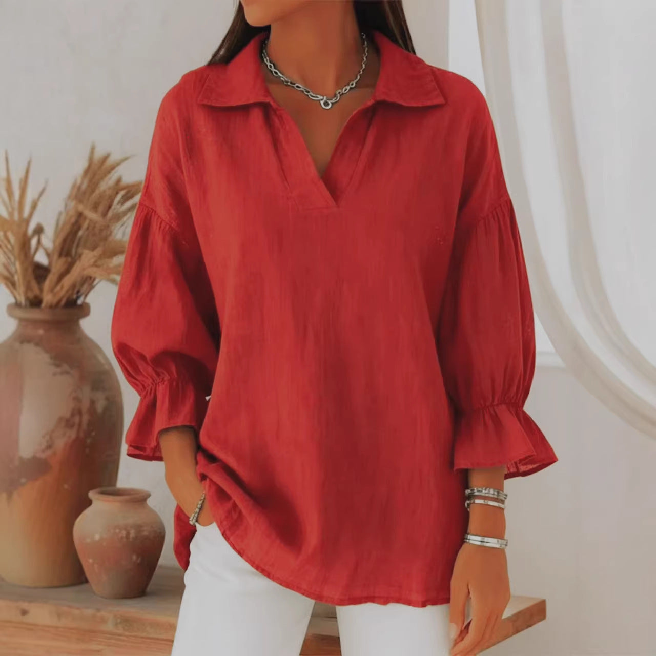 🌺🌱Nowość na wiosnę 2026 r. | Luźny krój | Bluzka damska z kołnierzykiem i długim rękawem w jednolitym kolorze