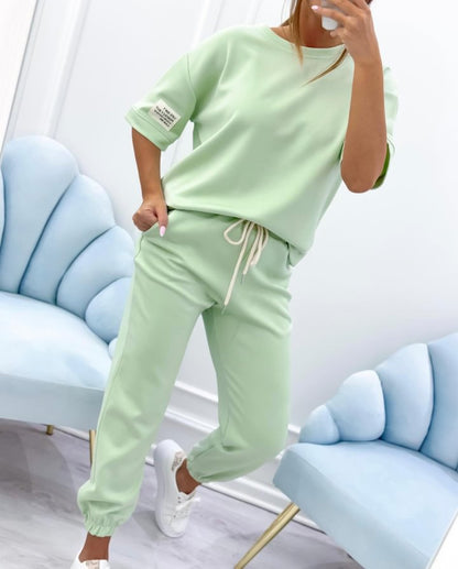 💕【S-5XL】Conjunto casual de verano para mujer de algodón puro, camiseta de color liso y pantalón