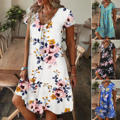 🔥👗【S-5XL】Voľné letné šaty s výstrihom do V a krátkymi rukávmi 