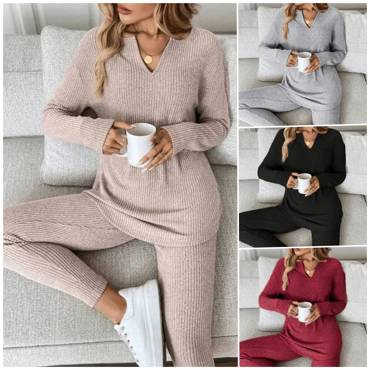 【S-3XL】Dámsky ležérny plyšový rebrovaný úplet s dlhým rukávom a legínami