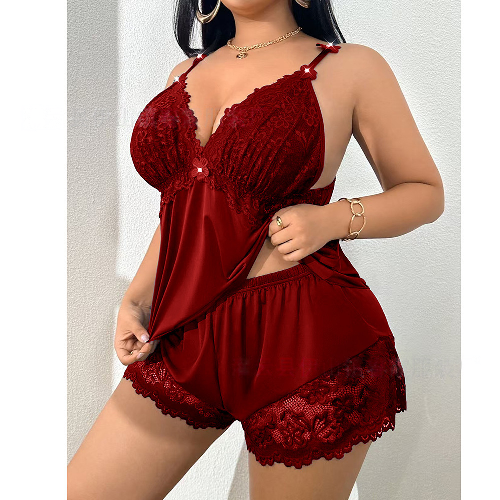 👗【S-3XL】✨ Pyžamový set: Top bez rukávů a krajkové kraťasy — nastavitelná ramínka a výstřih do V