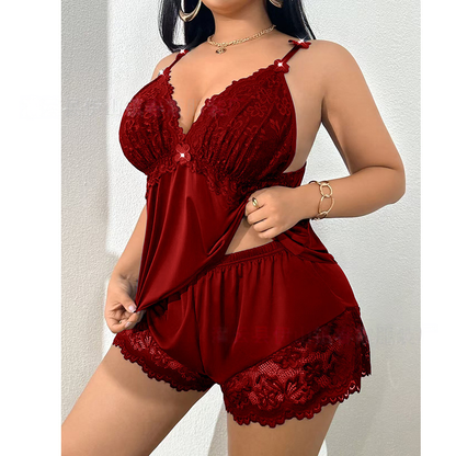 👗【S-3XL】✨ Pyžamový set: Top bez rukávů a krajkové kraťasy — nastavitelná ramínka a výstřih do V