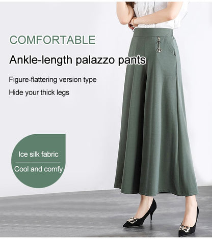 【M-5XL】2025 Nowe damskie letnie jedwabne spodnie z szeroką nogą do kostek
