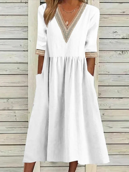 👗【S-2XL】Nové bavlněno-lněné šaty s výstřihem do V, prodyšné, pohodlné a zeštíhlující