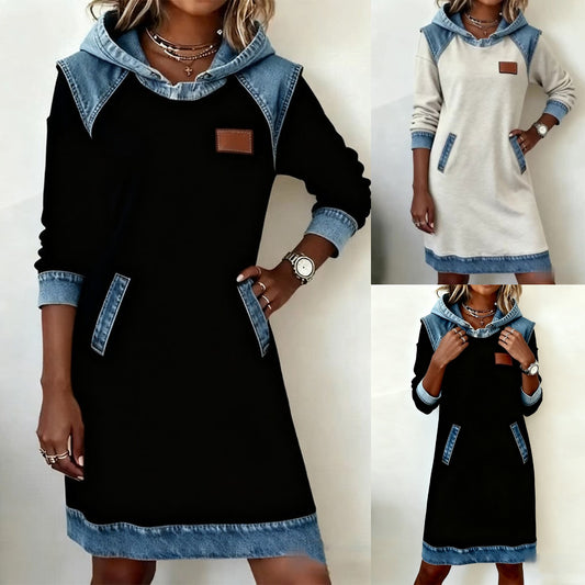 🔥【S-3XL】🌷🌞Zimná novinka Módne džínsové patchworkové šaty s kapucňou