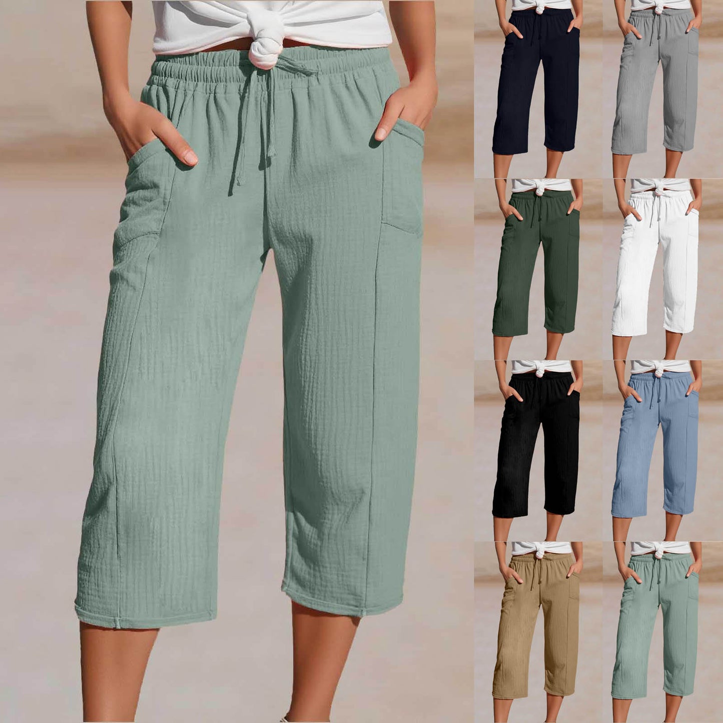 🌸【40-100 kg】Damskie spodnie capri w jednolitym kolorze, mieszanka bawełny