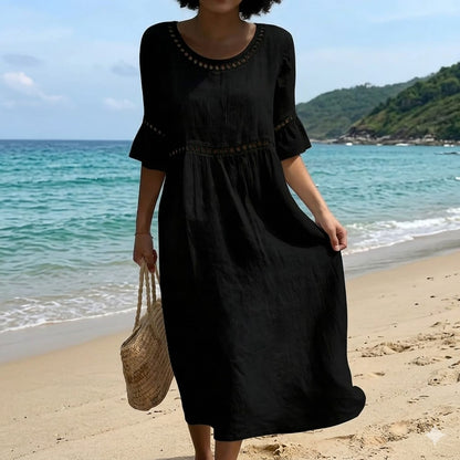 ✨【S–3XL】Ženska obleka slim kroja iz bombaža in lana, okrogel izrez, napihnjeni rokavi, zračna in mehka, udobna za nošenje