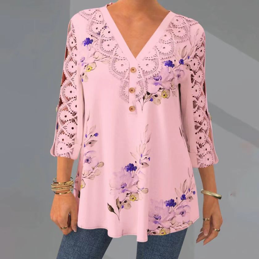 🔥【M–5XL】Elegáns csipke és sifon blúz – kivágott, 3/4-es ujjú és V-nyakú fazon