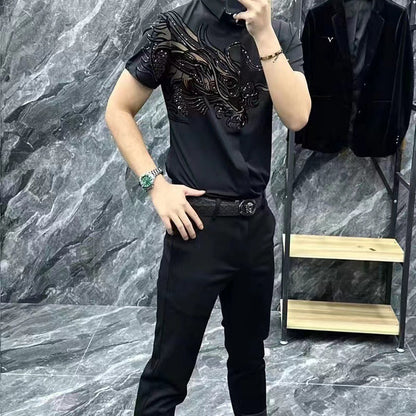 👔💥【M-5XL】Męska stylowa koszulka polo z wyciętymi klapami i zamkiem błyskawicznym – klasyczna czerń z eleganckim haftem【45-120 KG】