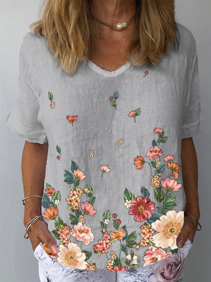 👕【S-5XL】🌈Tričko s krátkym rukávom a kvetinovou potlačou z bavlny a ľanu 