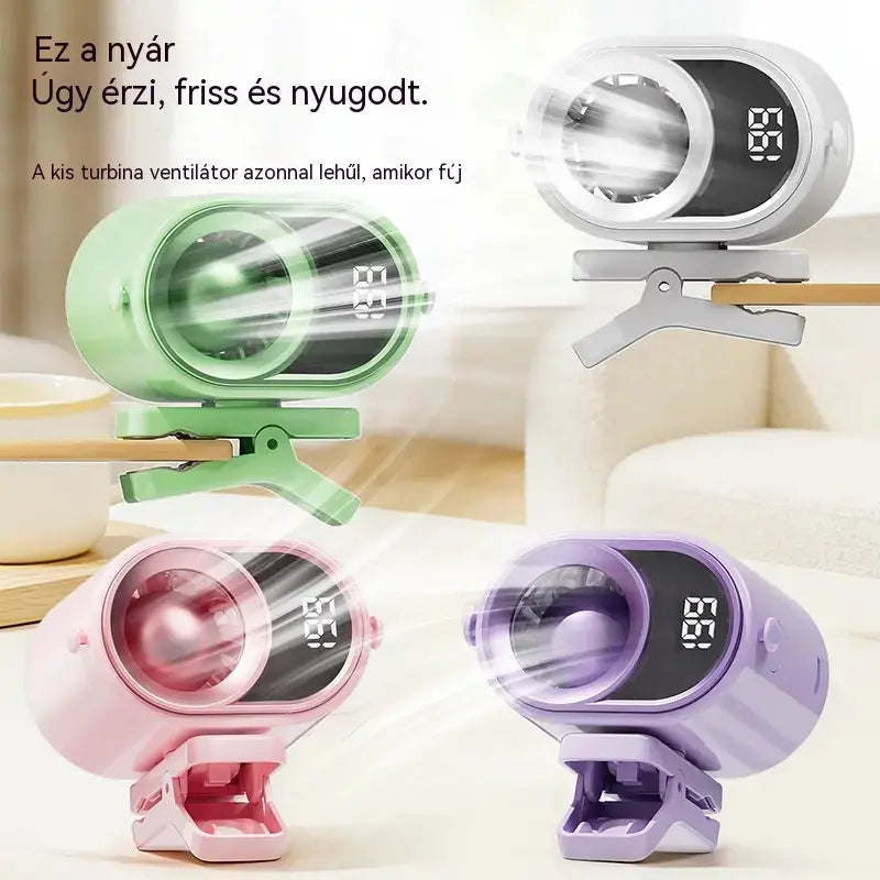 🌀 Kézhasználat nélküli ventilátor LED kijelzővel, beépített csipesszel és 199 állítható sebességfokozattal