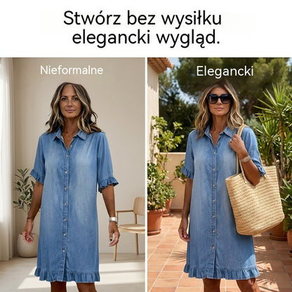 👔 Za pół ceny 🔥 [40–120 kg] Luźna, bardzo elastyczna sukienka koszulowa z denimu z falbankami ✅ Możliwa płatność przy odbiorze