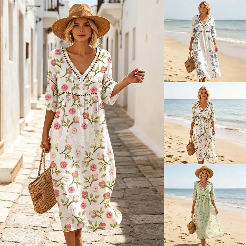 👗【S-3XL】Długa damska sukienka z bawełny i lnu z nadrukiem – letni styl, dekolt w serek