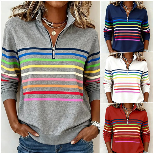 【S-5XL】😀👉Stylowa bluza w tęczowe paski z kołnierzem zapinanym na suwak