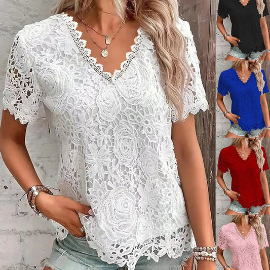 【🎁Top SALE】Modna koronkowa bluzka z krótkim rękawem w kształcie litery V