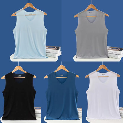 ❄️🆒【Cumperi 3, primești 2 gratuit – în total 5 bucăți 🔥】【L–5XL】Maiou bărbătesc de vară din mătase de gheață, fără cusături, model subțire, mărimi mari