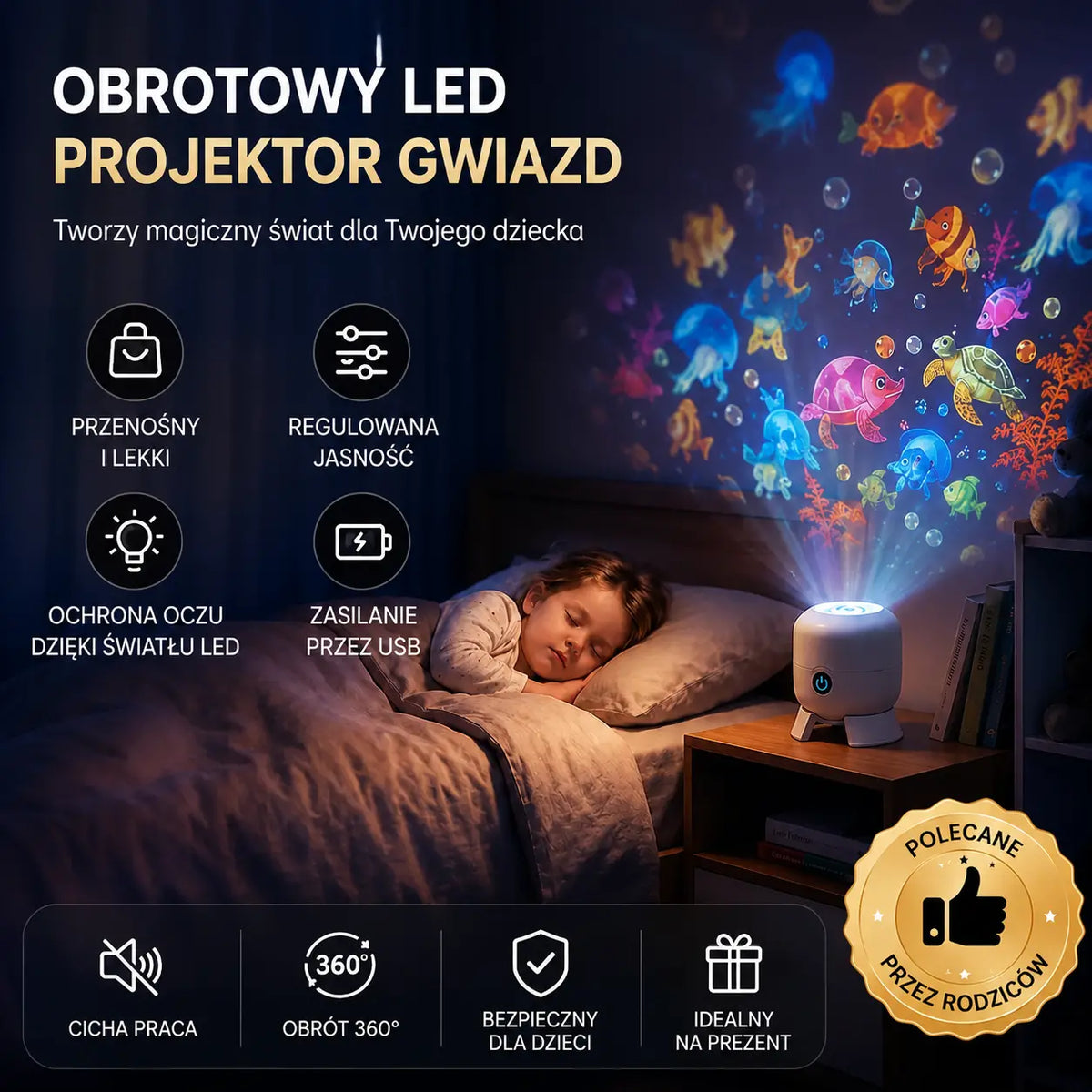 Dynamiczny, obrotowy projektor LED