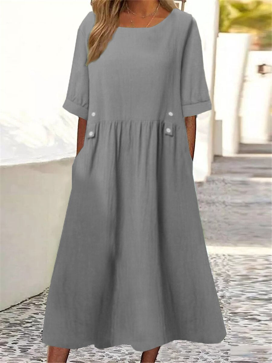 👗【M-3XL】Új pamut-len ruha kerek nyakkivágással, légáteresztő és kényelmes, testhezálló szabás karcsúsító hatással