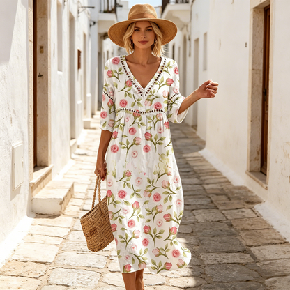 👗【S-3XL】Letnia sukienka z bawełny i lnu w kwiaty, długa, z dekoltem w serek