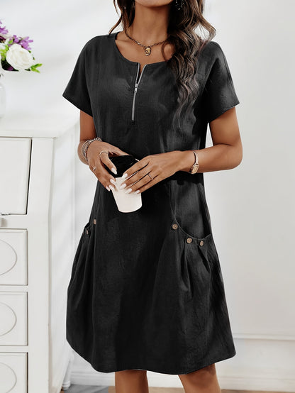 【S-5XL】Vestido casual de verano para mujer con cremallera, media tapeta con botones y doble bolsillo