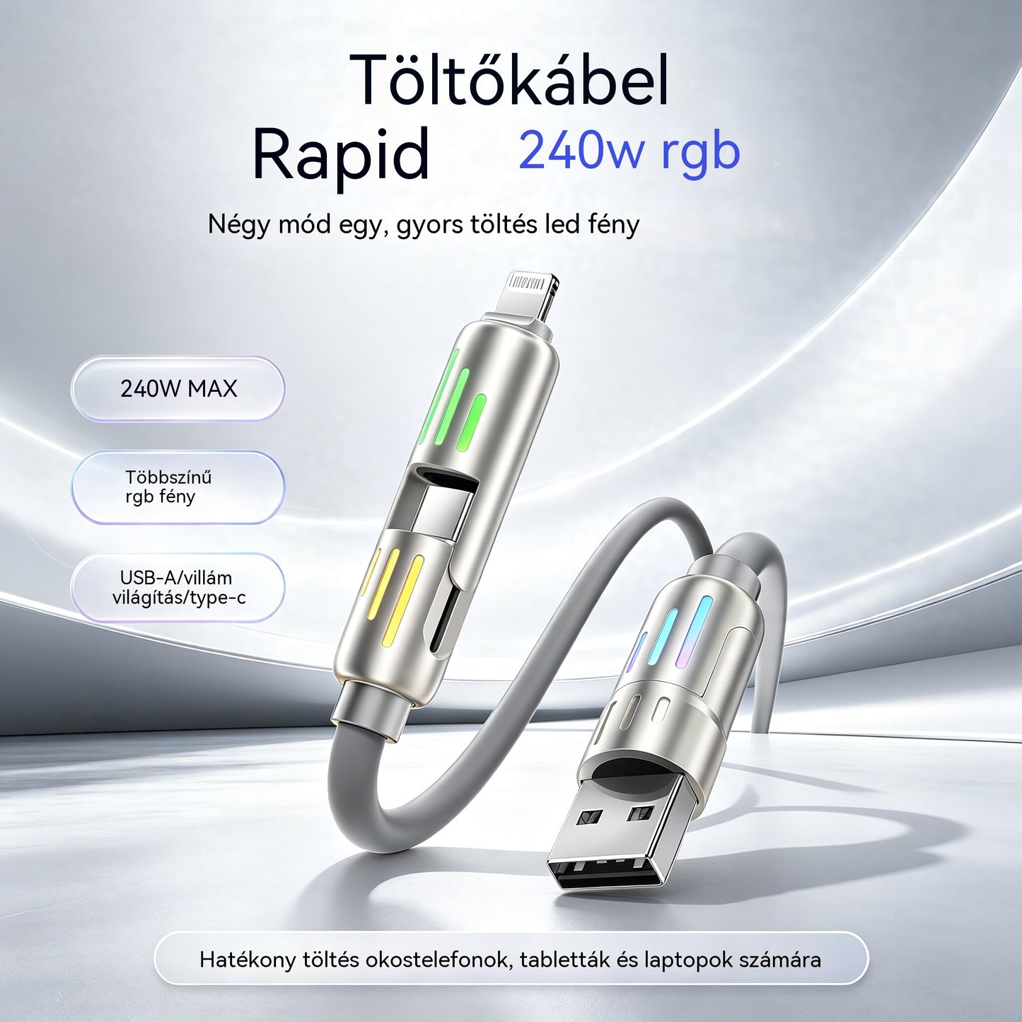 🔥【2 db csak 8700 lábért】🔥 (2 m hosszú) 4 az 1-ben PD 240W gyorstöltő kábel – Támogatja az USB-C, Lightning és USB-A gyorstöltést, alumíniumötvözetből és szilikonból készült, támogatja az adatszinkronizálást ⚡📱