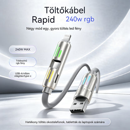 🔥【2 db csak 8700 lábért】🔥 (2 m hosszú) 4 az 1-ben PD 240W gyorstöltő kábel – Támogatja az USB-C, Lightning és USB-A gyorstöltést, alumíniumötvözetből és szilikonból készült, támogatja az adatszinkronizálást ⚡📱