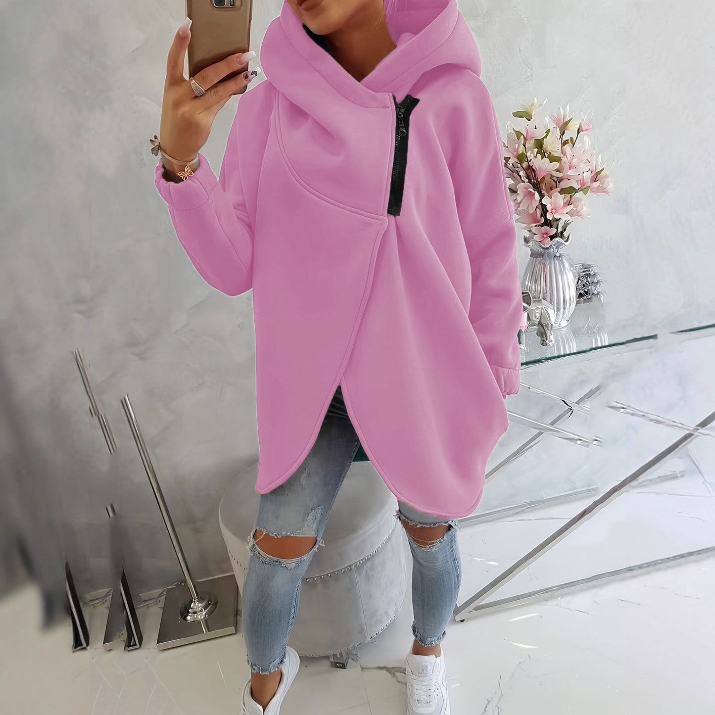 Damska bluza z długim rękawem, czarna, casualowa, z kapturem i kieszenią z przodu, zapinana na zamek