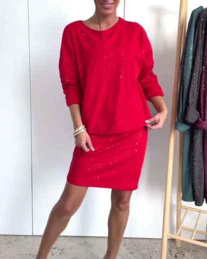 【S-3XL】Stylowa sukienka z okrągłym dekoltem, ozdobiona delikatnymi cekinami