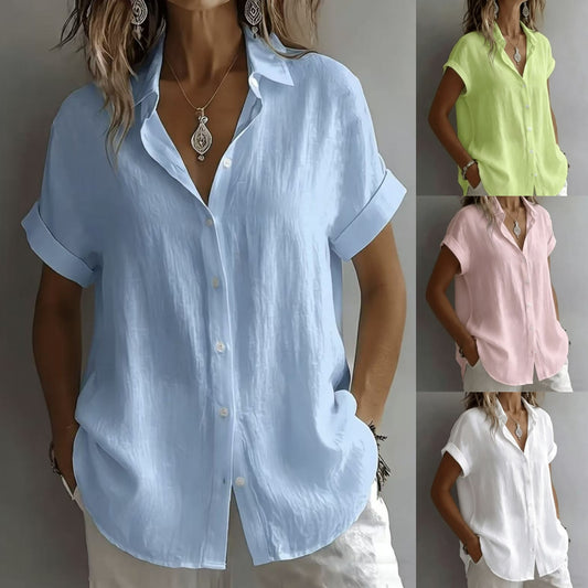 💃 S–2XL, Damska lniana koszula na co dzień z kołnierzykiem i krótkim rękawem