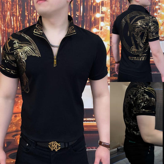 🔥【Vânzare excelentă】(M-4XL) Tricou polo elegant pentru bărbați, cu rever și fermoar - Negru clasic cu broderie rafinată
