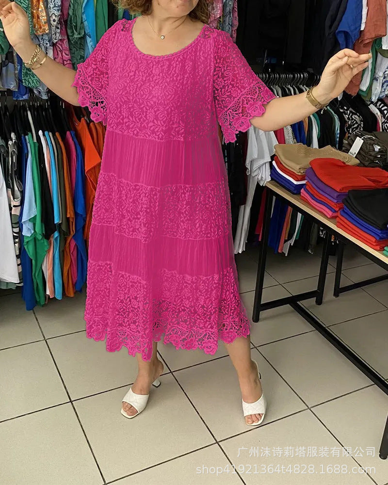 【Compra uno y llévate otro gratis】 [S-5XL] Nuevo vestido tipo camiseta de manga corta 2026, estilo encaje con cuello redondo. [40-120 kg]
