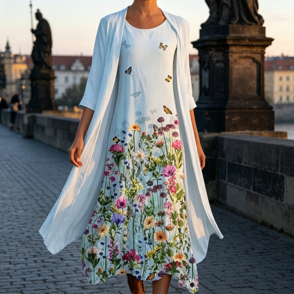 🔥 Poslední den slevy 50 %!【S-5XL】Letní šaty s kulatým výstřihem a potiskem, prodyšné a pohodlné, zeštíhlující a snadno kombinovatelné.【Bunda + Sukně】