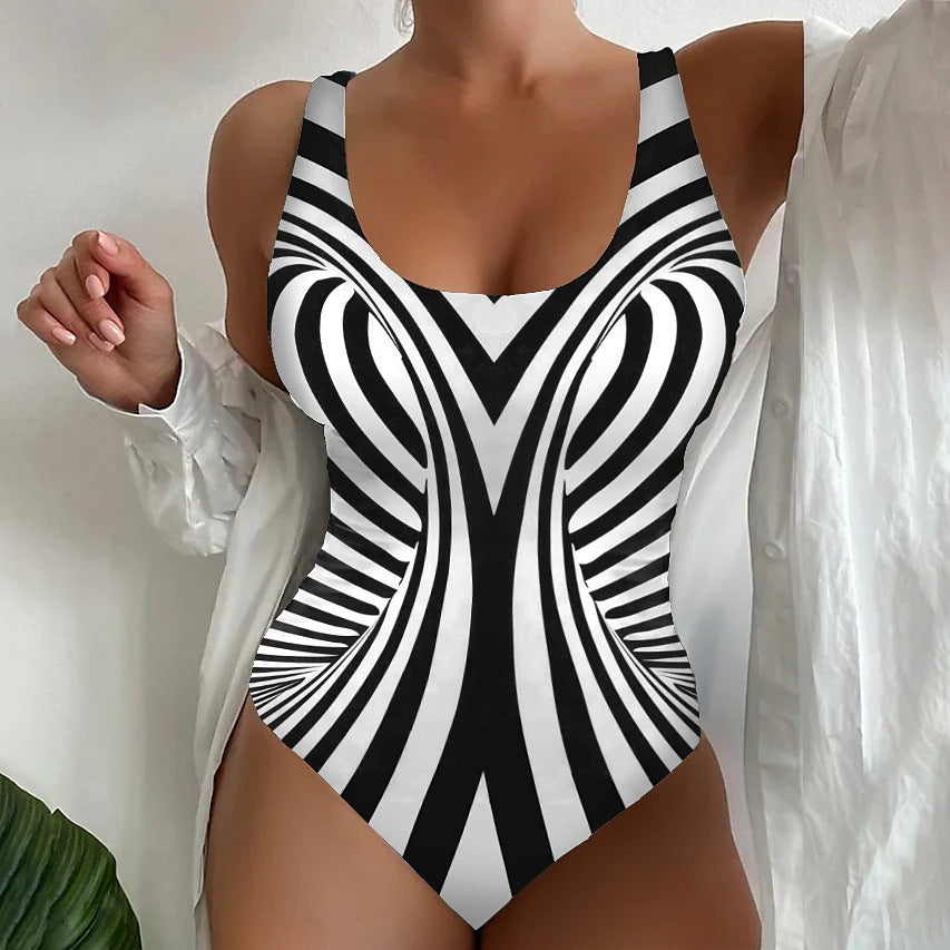 【S~6XL】Sexi pruhované jednodielne plavky 