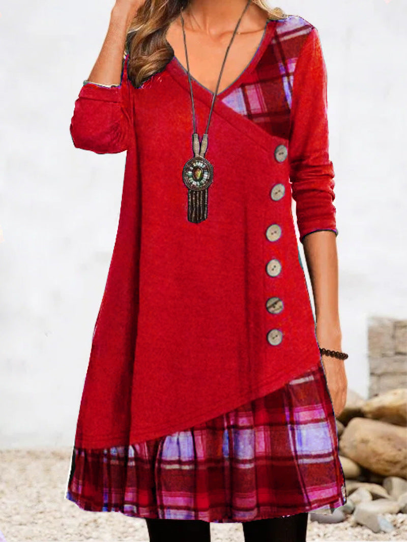 💟【Jesienne nowości】👗【S-3XL】 2024 Nowa elegancka sukienka w kratę z dekoltem w kształcie litery V, z długim rękawem