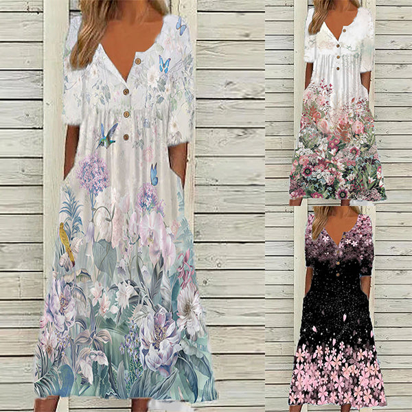 👗👗Tavaszi új, népszerű nyomott V nyakú rövid ujjú ruha