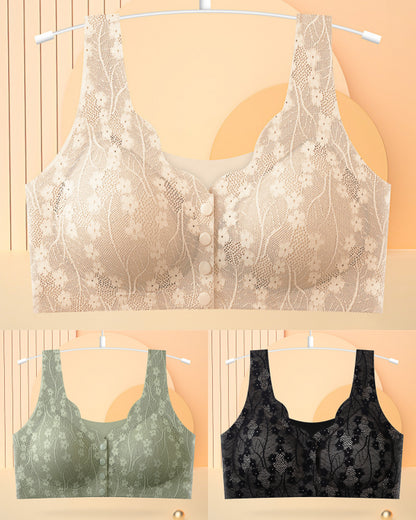 😍【Kup 3 sztuki, 3 sztuki otrzymasz gratis】【40-100KG】Damski, bezprzewodowy, koronkowy biustonosz zapinany z przodu,Ostatni dzień - 49% zniżki