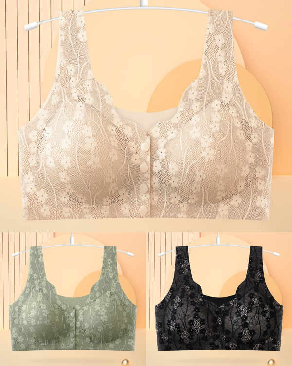 😍【3 sztuk】【40-100KG】Damski, bezprzewodowy, koronkowy biustonosz zapinany z przodu,Ostatni dzień - 49% zniżki