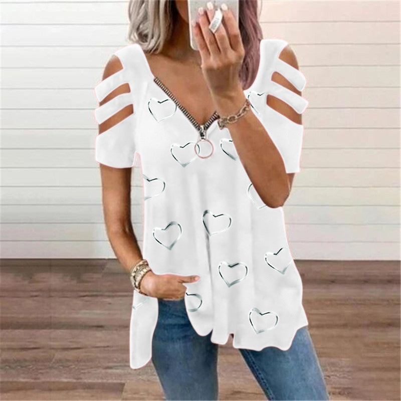🔥【S-5XL】Nyári pop-up V-nyakú szerelem nyomtatás cipzáras alkalmi póló