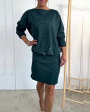 【S-3XL】Stylowa sukienka z okrągłym dekoltem, ozdobiona delikatnymi cekinami