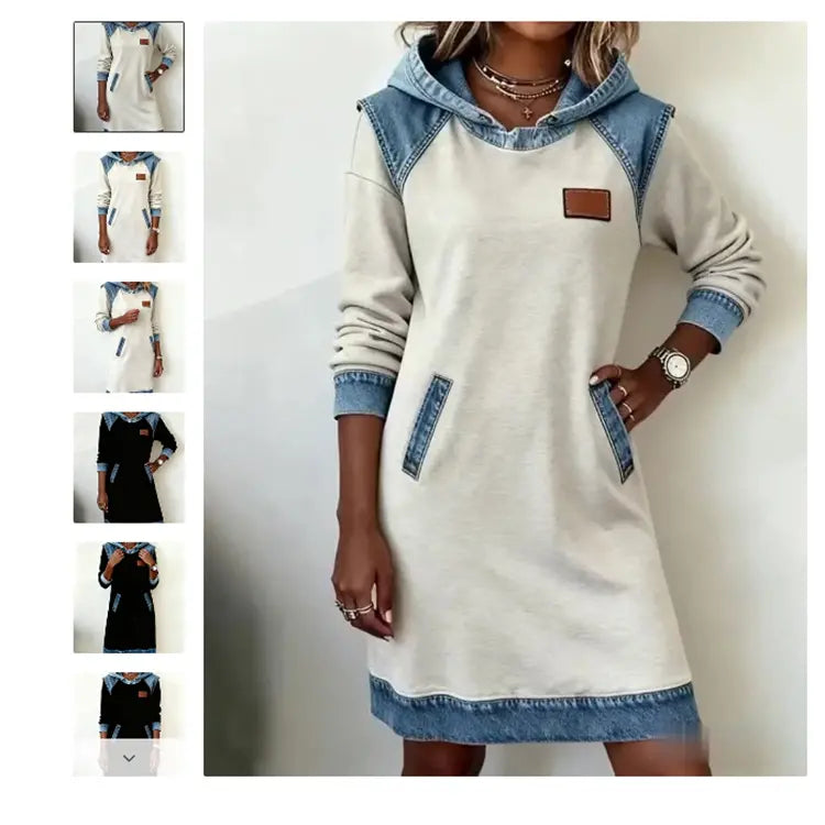🌷🌞 [S–3XL] Nova jesenska obleka iz džinsa s kapuco in paneli · Udobna · Vsakdanji stil · Ponudba za polovično ceno + hitra dostava