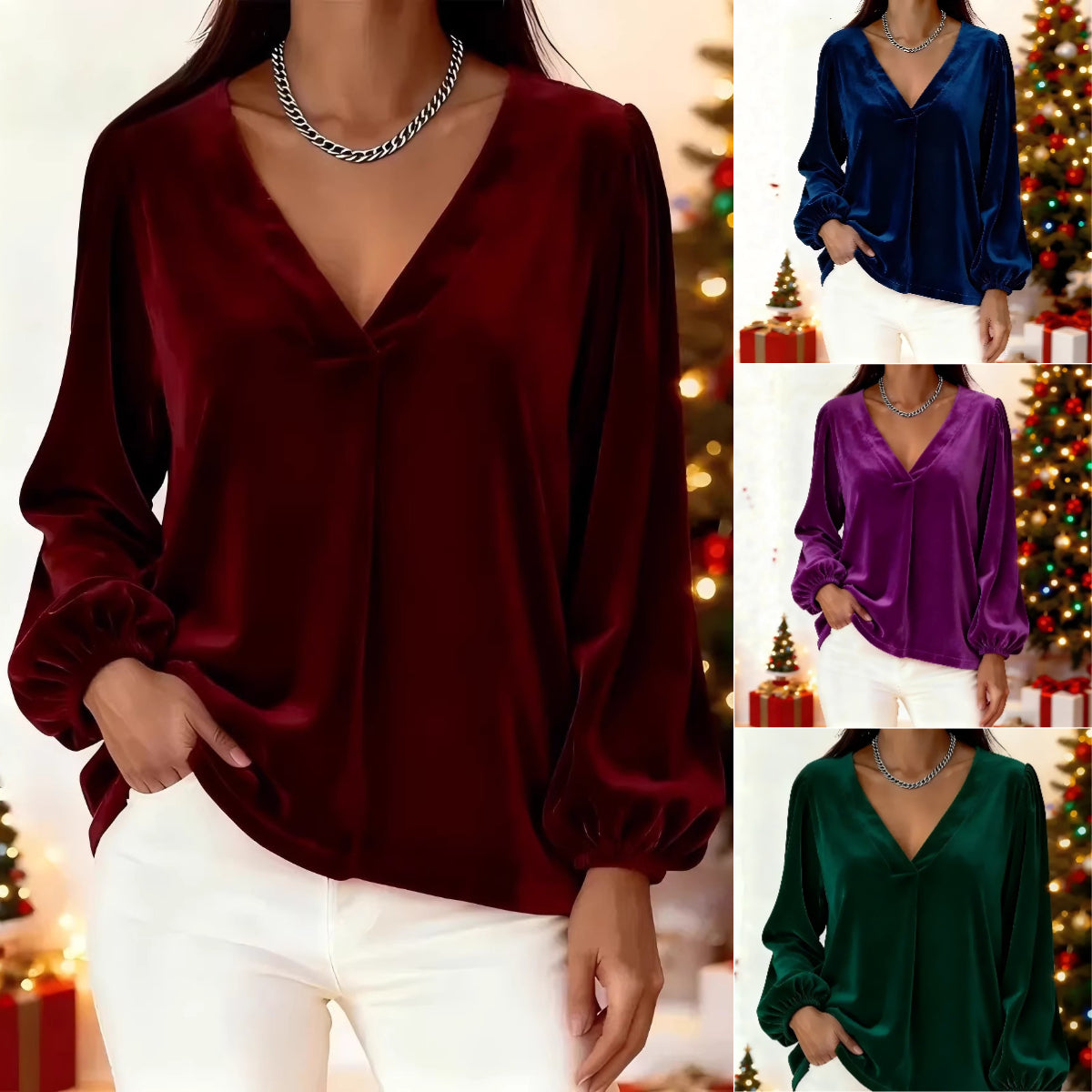 🥰🥰【M-3XL】🌺Bestsellerowy, elegancki i luksusowy T-shirt, złoty aksamitny dekolt w serek, rękawy typu lampion